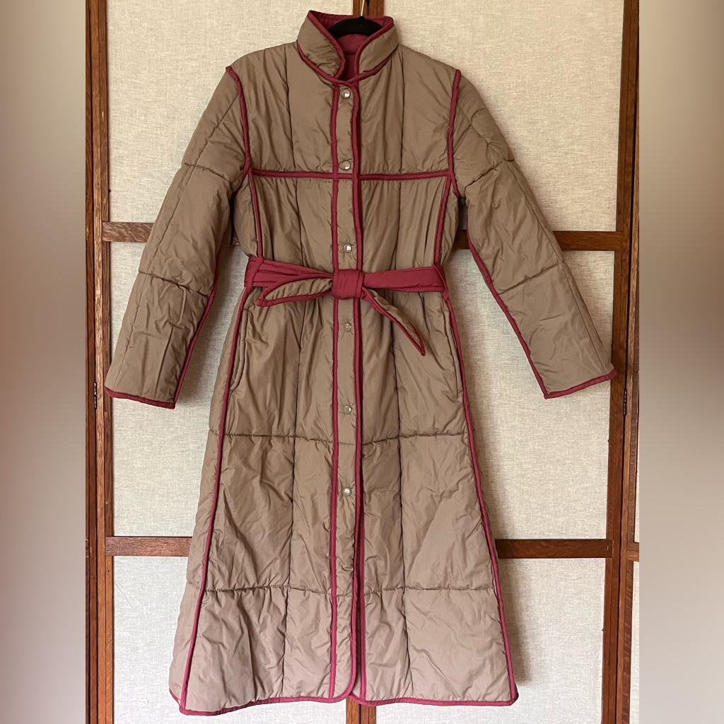 Vintage 1980s Reversible Long Belted Puffer Front Snap Coat Tan Mauve